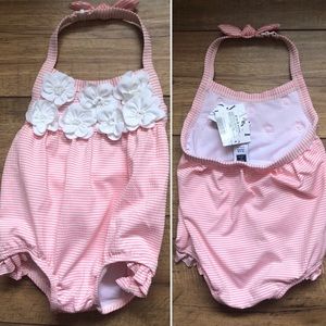 Janie & Jack pink & white floral/stripe swimsuit